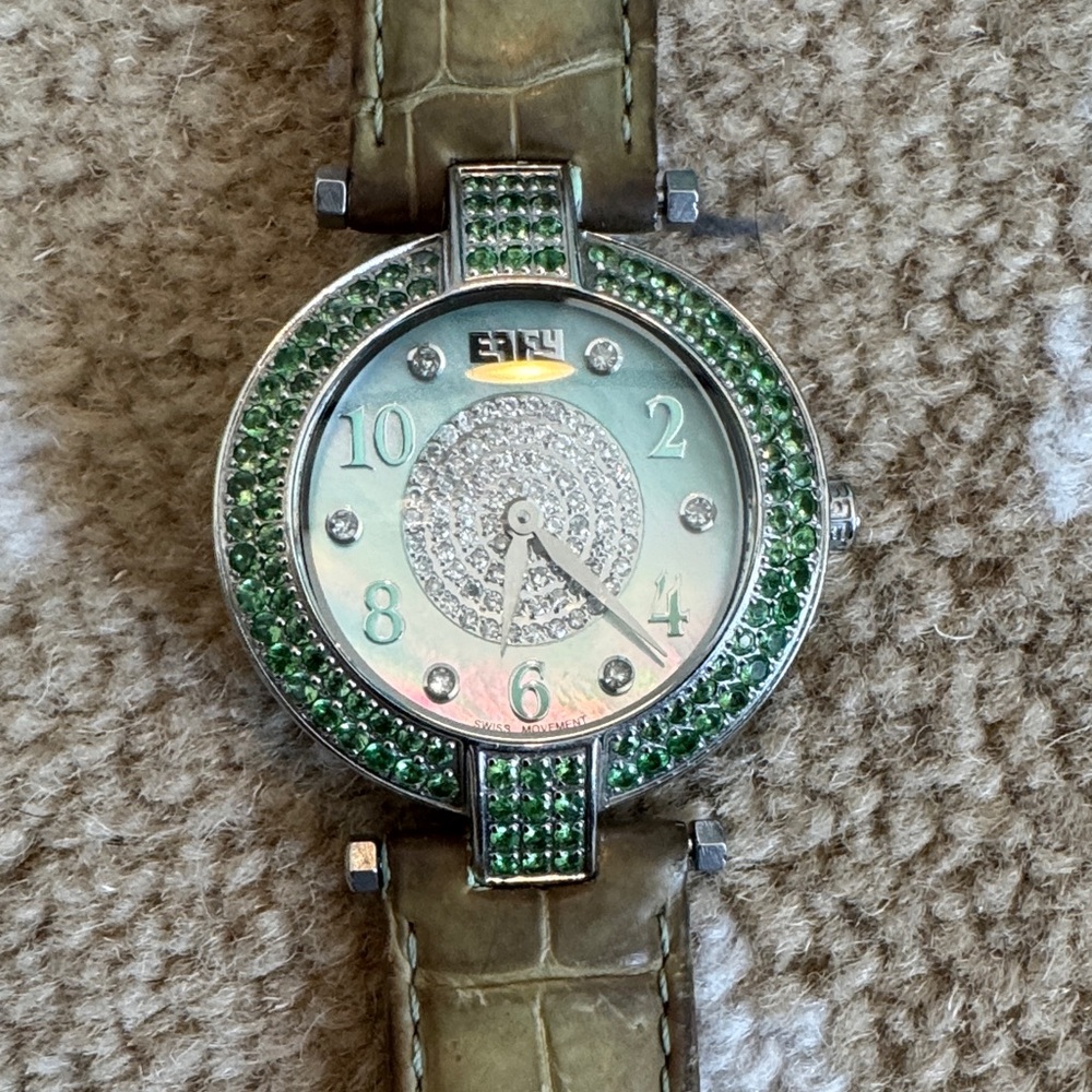 Effy Green Crocodile Leather & Green sapphires and diamonds and Silver  Watch